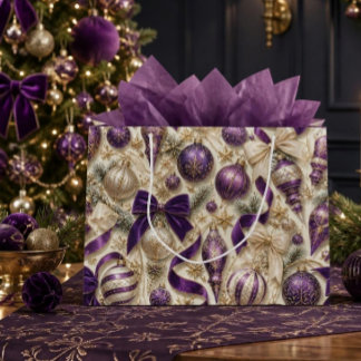 Sacola Para Presentes Grande Luxo em Veludo Roxo & Dourado Natal Vintage (a)