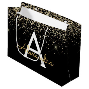 Sacola Para Presentes Grande Luxo Preto Dourado Brilho Monograma