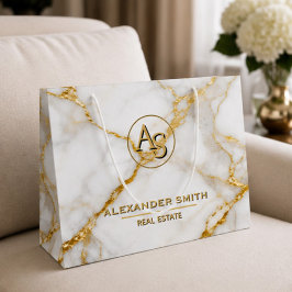 Sacola Para Presentes Grande Luxury White Marble Gold Monogram Real Estate