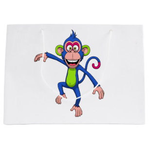 Sacola Para Presentes Grande Macaco de Desenho Animado Azul e Verde Feliz