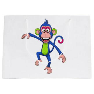 Sacola Para Presentes Grande Macaco de Desenho Animado Azul e Verde Feliz