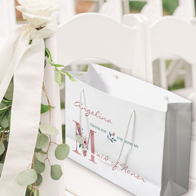 Sacola Para Presentes Grande Madrinha de casamento Personalizada - Letra Floral (Maid of Honor Gift Bag with personalized thank you)