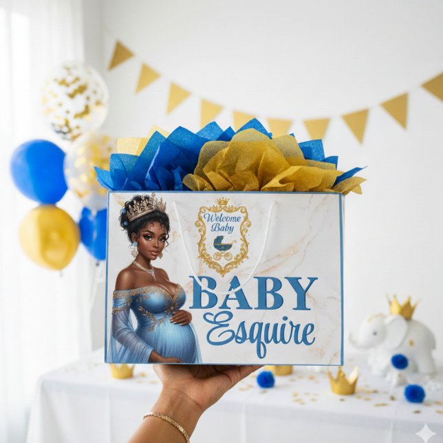 Sacola Para Presentes Grande Mãe Real Africana Americana de Ser Azul e Dourada (Celebrate in style with this elegant royal gift bag, perfect for African American mom-to-be 💙)