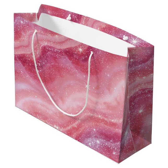 Sacola Para Presentes Grande Magical Pink Galaxy Sparkle & Marble Texture (Verso inclinado)