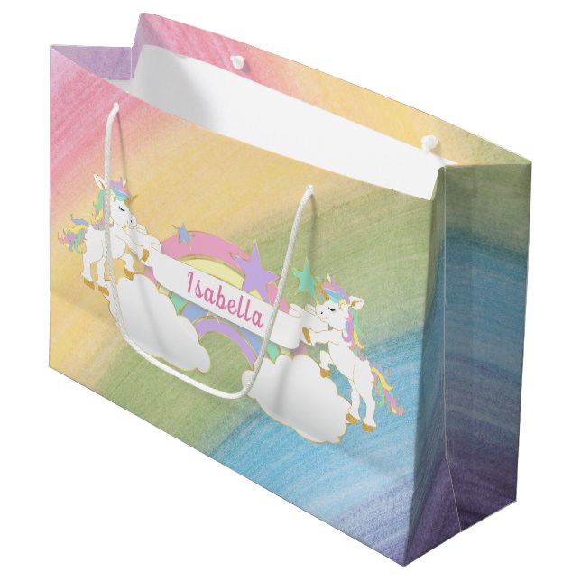 Sacola Para Presentes Grande Magical Rainbow Unicorn Birthday (Frente inclinada)