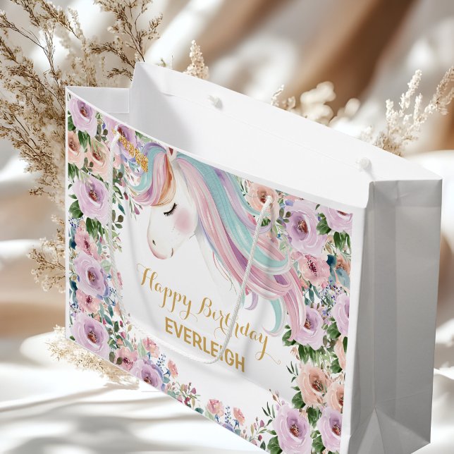 Sacola Para Presentes Grande Magical Unicorn Purple Flower 1st birthday (Criador carregado)