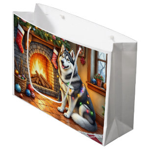 Sacola Para Presentes Grande Malamute do Alasca Lareira com Luzes de Natal