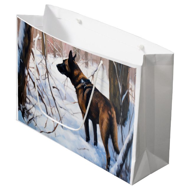 Sacola Para Presentes Grande Malinois Belga Deixar Neve Natal (Frente inclinada)