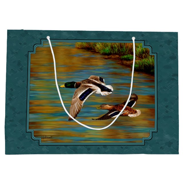 Sacola Para Presentes Grande Mallard Ducks em Teal de Voo (Verso)