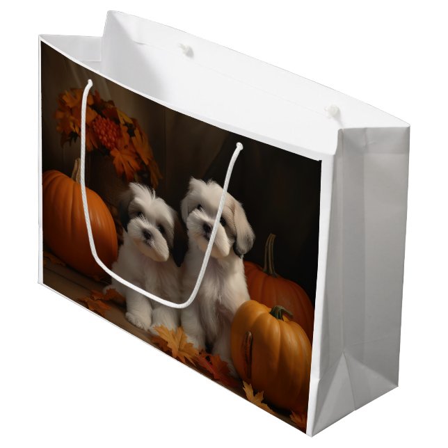 Sacola Para Presentes Grande Malti tzu Puppy Autumn Delight Pumpkin (Frente inclinada)