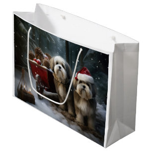 Sacola Para Presentes Grande Malti Tzu Sleigh Sledado de Natal Decorado com Nev