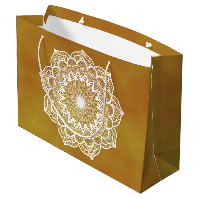 Sacola Para Presentes Grande Mandala Branco em Fundo Dourado (Verso inclinado)