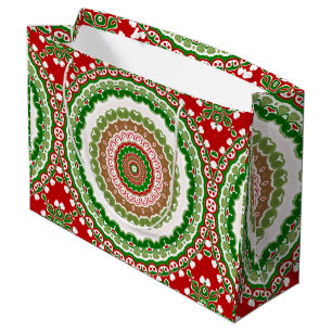 Sacola Para Presentes Grande Mandalas de Natal em Vermelho, Verde e Dourado Que