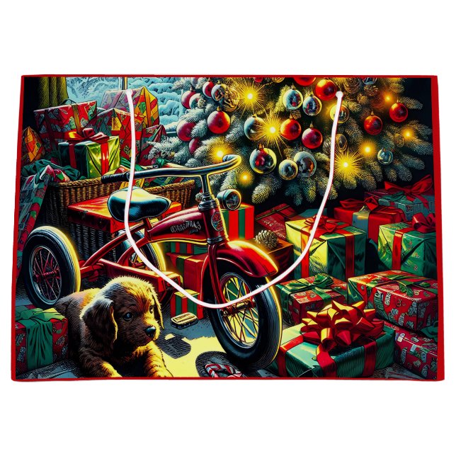 Sacola Para Presentes Grande Manhã de Natal Nostálgica, antiga (Frente)