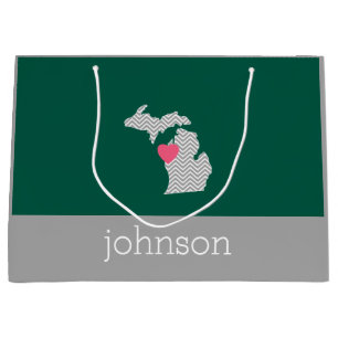 Sacola Para Presentes Grande Mapa Estatal de Michigan com Coração e Nome de Amo