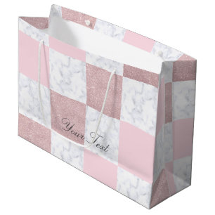 Sacola Para Presentes Grande Marble branco elegante e brilho dourado rosa