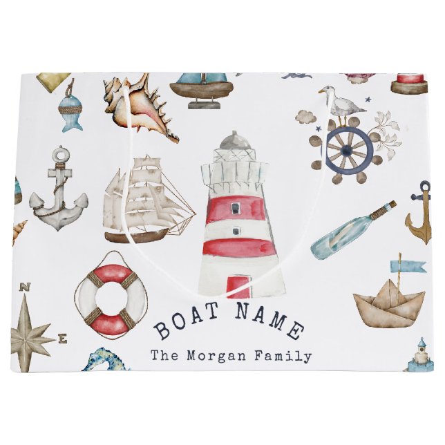 Sacola Para Presentes Grande Marinheiro de Elementos Náuticos de Aquarela (Frente)