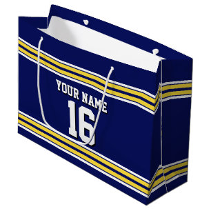 Sacola Para Presentes Grande Marinho Azul com Equipe de Stripes Brancas Amarela