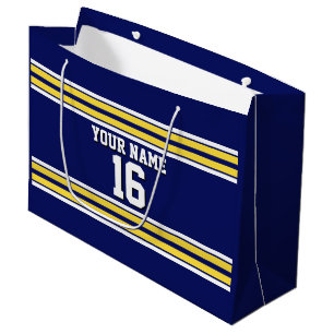 Sacola Para Presentes Grande Marinho Azul com Equipe de Stripes Brancas Amarela