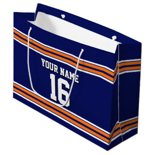 Sacola Para Presentes Grande Marinho Azul com Equipe de Stripes Brancas Laranja