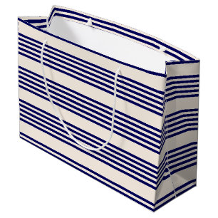 Sacola Para Presentes Grande Marinho azul e bege cinco faixas