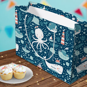 Sacola Para Presentes Grande Marinho, azul e branco, de padrão do oceano náut