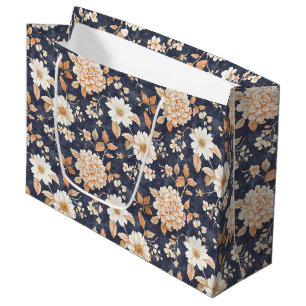 Sacola Para Presentes Grande Marinho Azul Pêssego Floral Aniversário