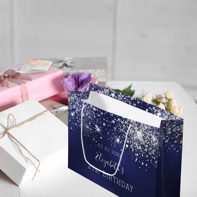Sacola Para Presentes Grande Marinho de aniversário brilho branco azul (Criador carregado)