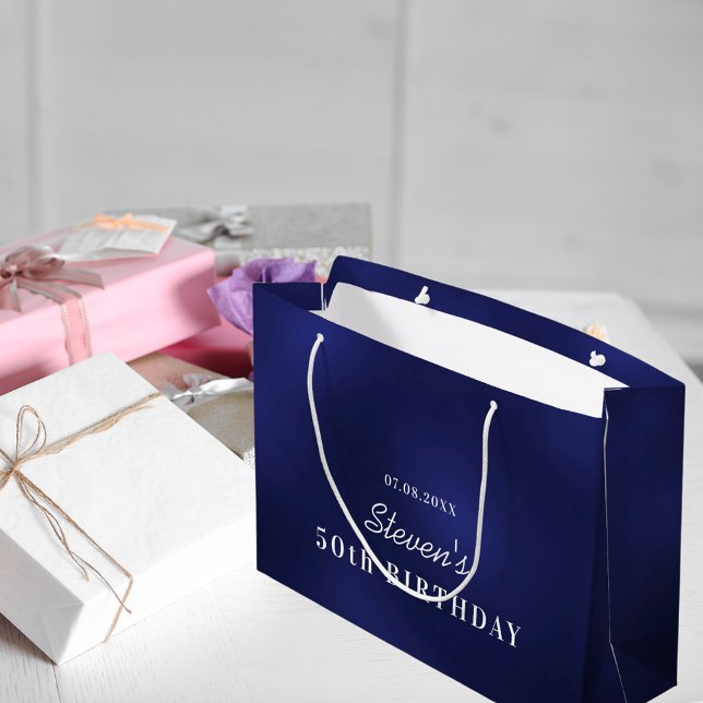 Sacola Para Presentes Grande Marinho de aniversário monograma branco-azul moder (Criador carregado)