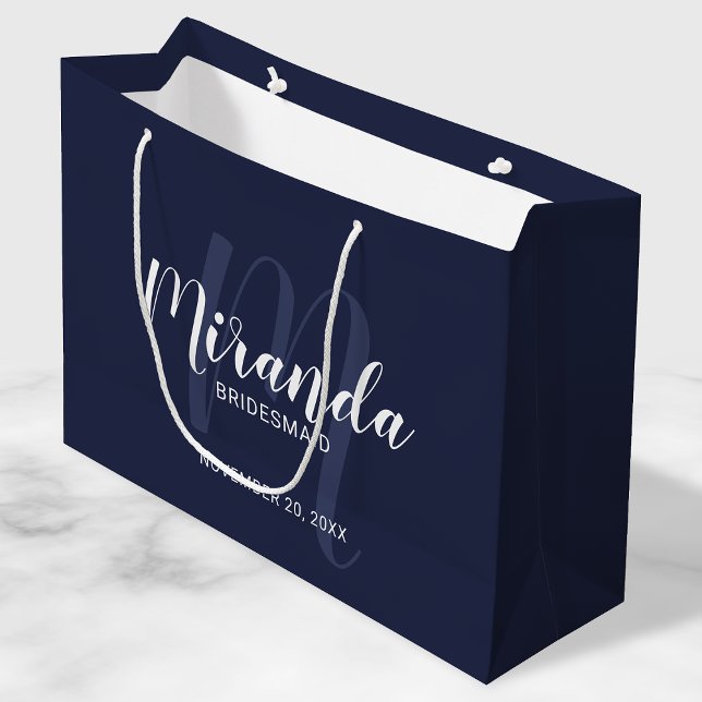 Sacola Para Presentes Grande Marinho de Bridesmaids Personalizados de Script Mo (Criador carregado)