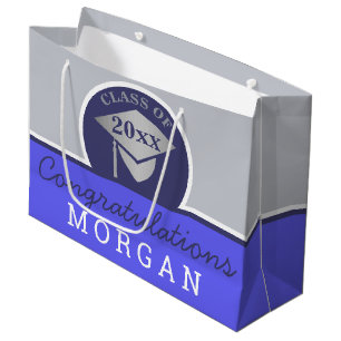Sacola Para Presentes Grande Marinho de Graduação Blue Silver Chic Personalizad