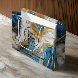 Sacola Para Presentes Grande Mármore azul, dourado e branco