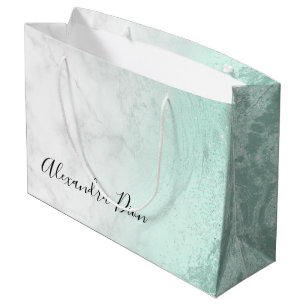 Sacola Para Presentes Grande Mármore branco verde-brilhante da menta Elegante