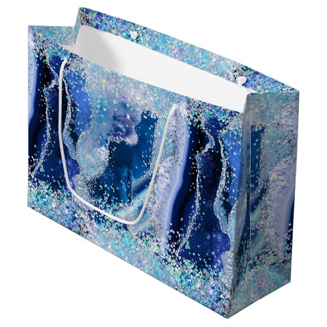 Sacola Para Presentes Grande Mármore de Pedra Preciosa Luxuosa Azul Brilho Ágat (Frente inclinada)