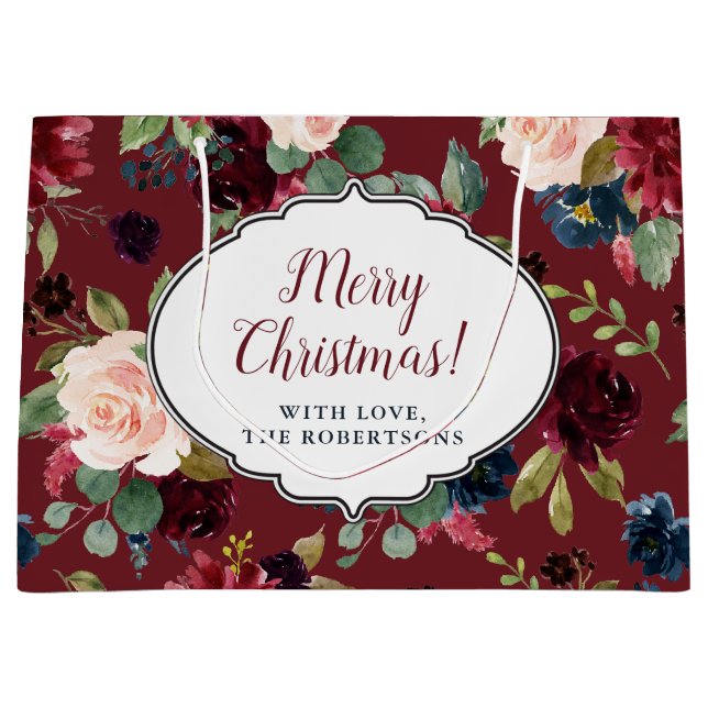 Sacola Para Presentes Grande Marsala & Feliz Natal floral do marinho (Frente)