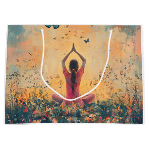 Sacola Para Presentes Grande Meditação no Prado do Pôr do Sol com Borboletas (1