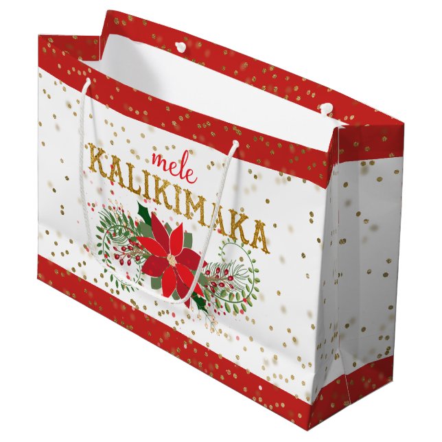 Sacola Para Presentes Grande Mele Kalikimaka Dourado Glitter Poinsettia (Frente inclinada)