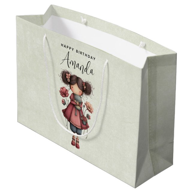 Sacola Para Presentes Grande Menina com uma boneca de sapo fofa e caprichosa de (Verso inclinado)