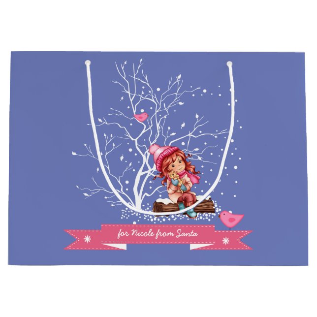 Sacola Para Presentes Grande Menina e Gatinho | Nome personalizado Natal (Frente)