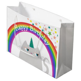 Sacola Para Presentes Grande Meninas Arco-íris Gato Unicórnio Aniversário