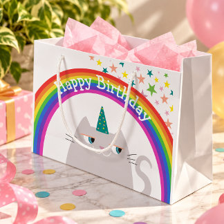 Sacola Para Presentes Grande Meninas Arco-íris Gato Unicórnio Aniversário
