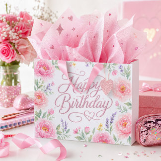 Sacola Para Presentes Grande Meninas Feliz Aniversário Floral Rosa Prata
