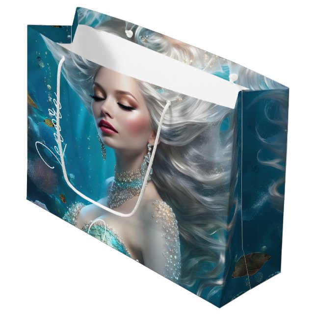 Sacola Para Presentes Grande Mermaid Silver Hair Turquoise Ocean (Frente inclinada)