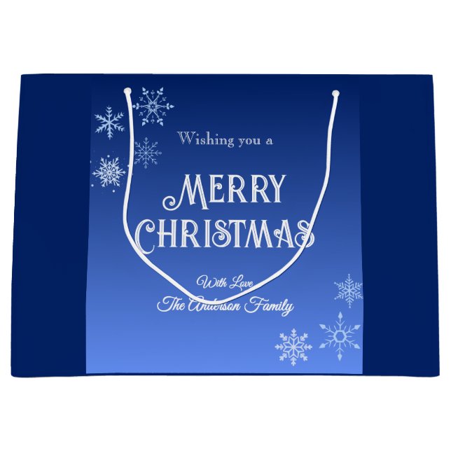 Sacola Para Presentes Grande Merry Christmas Blue Modern Snowflake (Frente)
