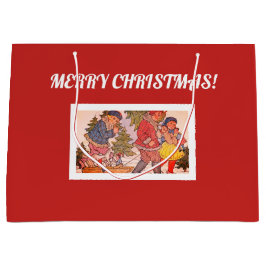 Sacola Para Presentes Grande MERRY CHRISTMAS FOLK ART Gift Bag