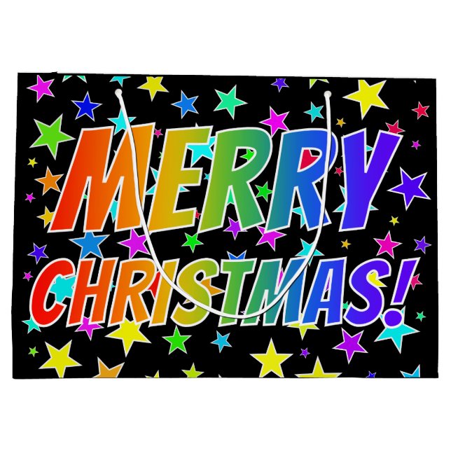 Sacola Para Presentes Grande "MERRY CHRISTMAS!" no texto arco-íris + padrão de  (Verso)