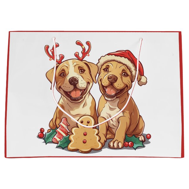 Sacola Para Presentes Grande Merry Christmas Pit Bull Cães (Frente)