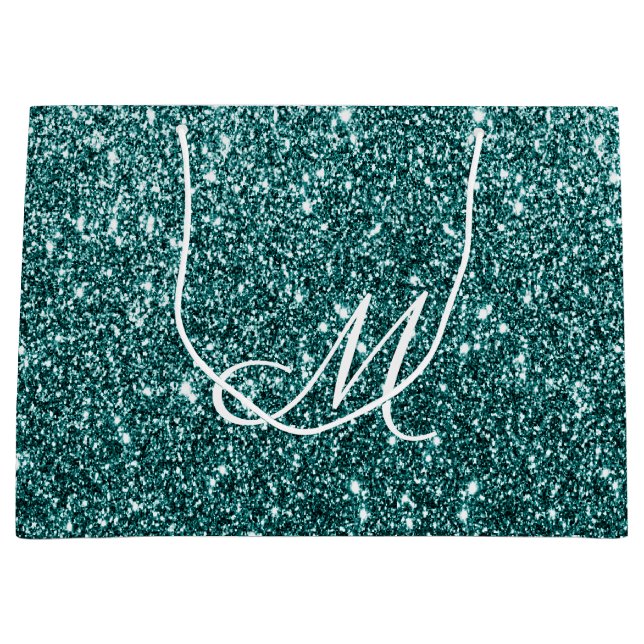 Sacola Para Presentes Grande Minigráfico de Glitter Teal Personalizado (Frente)