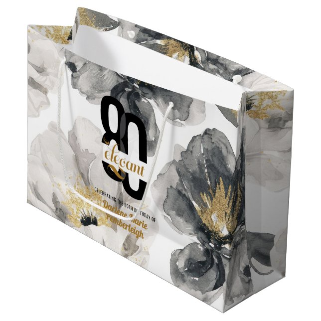 Sacola Para Presentes Grande Minimal Eighty & Elegant Black Gold 80th Birthday (Frente inclinada)