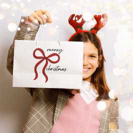 Sacola Para Presentes Grande Minimalist Red Bow Merry Christmas 